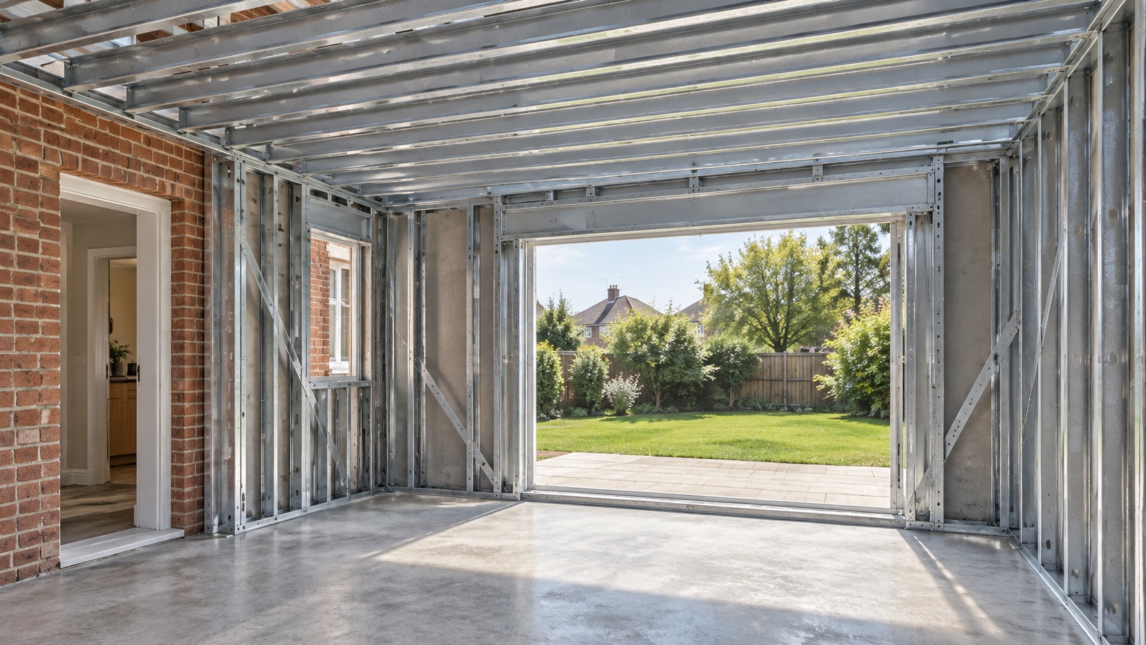 AI-generated interior concept showing exposed light gauge steel wall studs and roof joists in an attached home extension